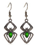 Silver Spider Earrings with Green & Black Gems