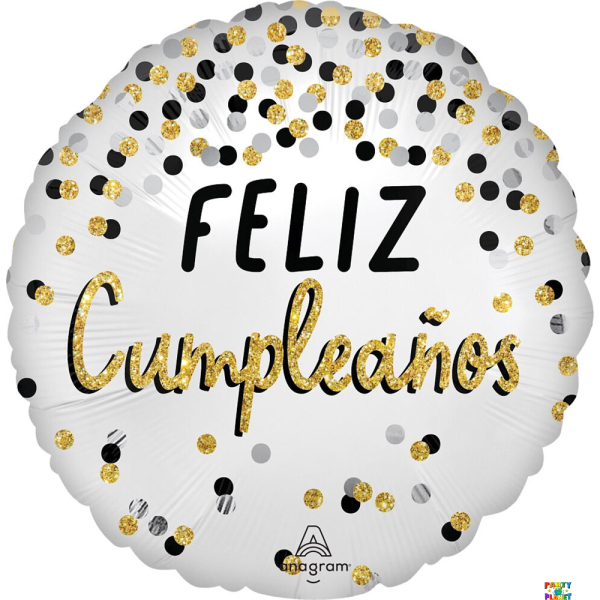 28" Satin Black Silver Gold Birthday Feliz Cumpleanos Balloon