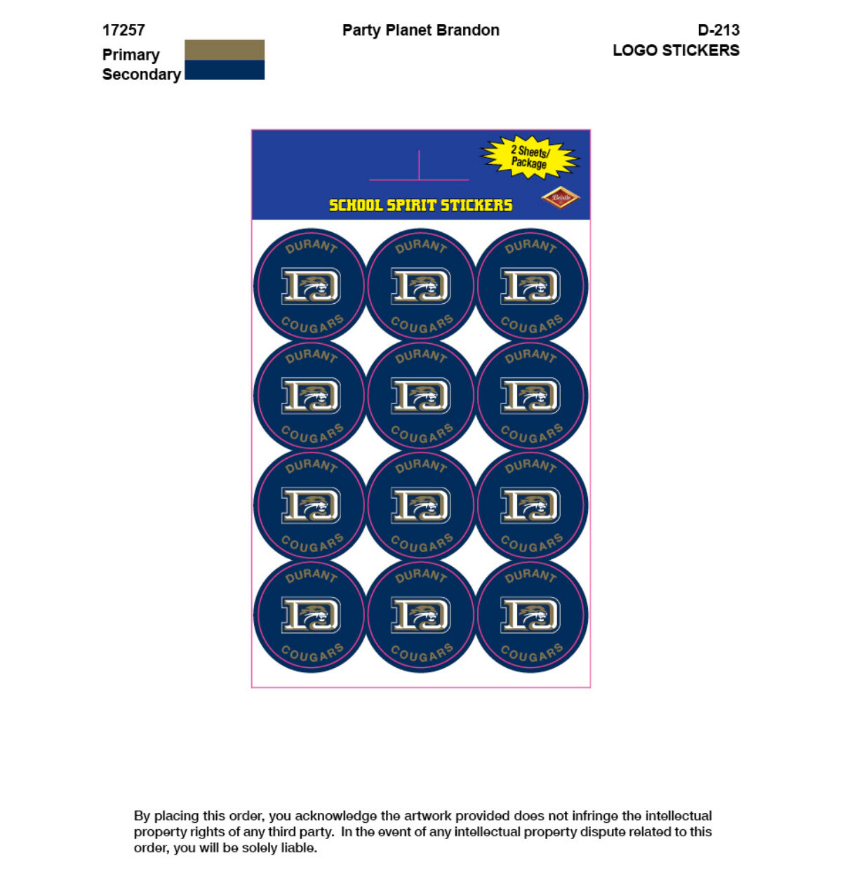 DURANT High School Spirit Stickers 24ct.