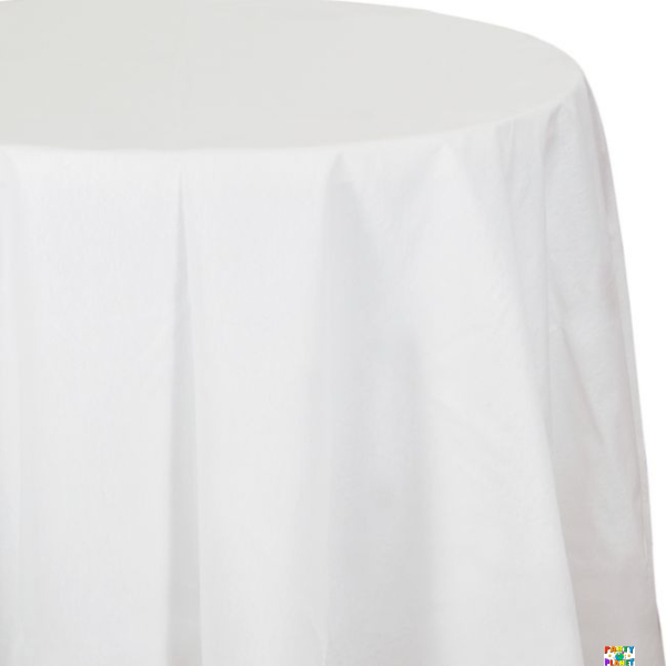 White Solid Round Plastic Table Cover 84"