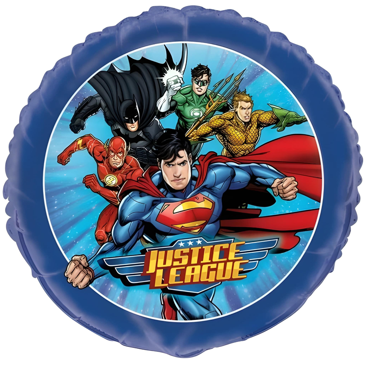 yjzmy66lmbvtnu7xzjzc.jpg Justice League Round Foil Balloon 18" Packaged - Image 1