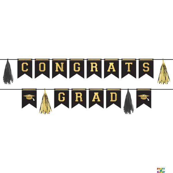Congrats Grad Pennant Banner Kit - Black, Silver, Gold