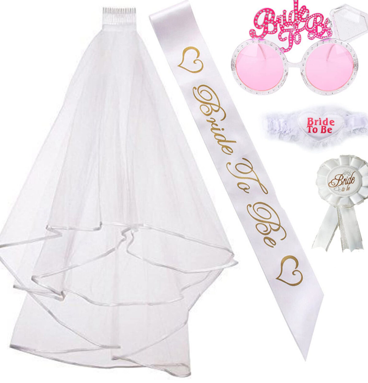 Bride To Be Accessory Kit (Wedding Veil, Sash, Glasses, Badge, Garter)