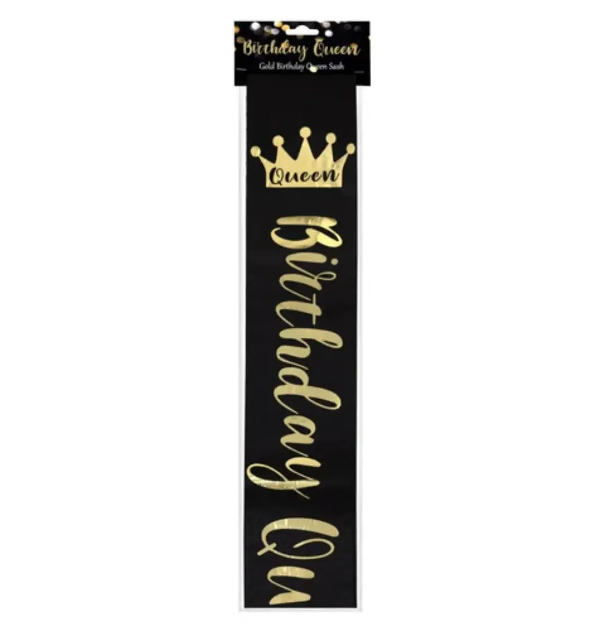 BLACK BIRTHDAY QUEEN SASH WITH GOLD FOIL CROWN