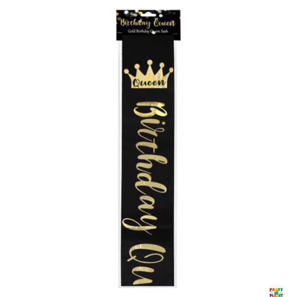 BLACK BIRTHDAY QUEEN SASH WITH GOLD FOIL CROWN