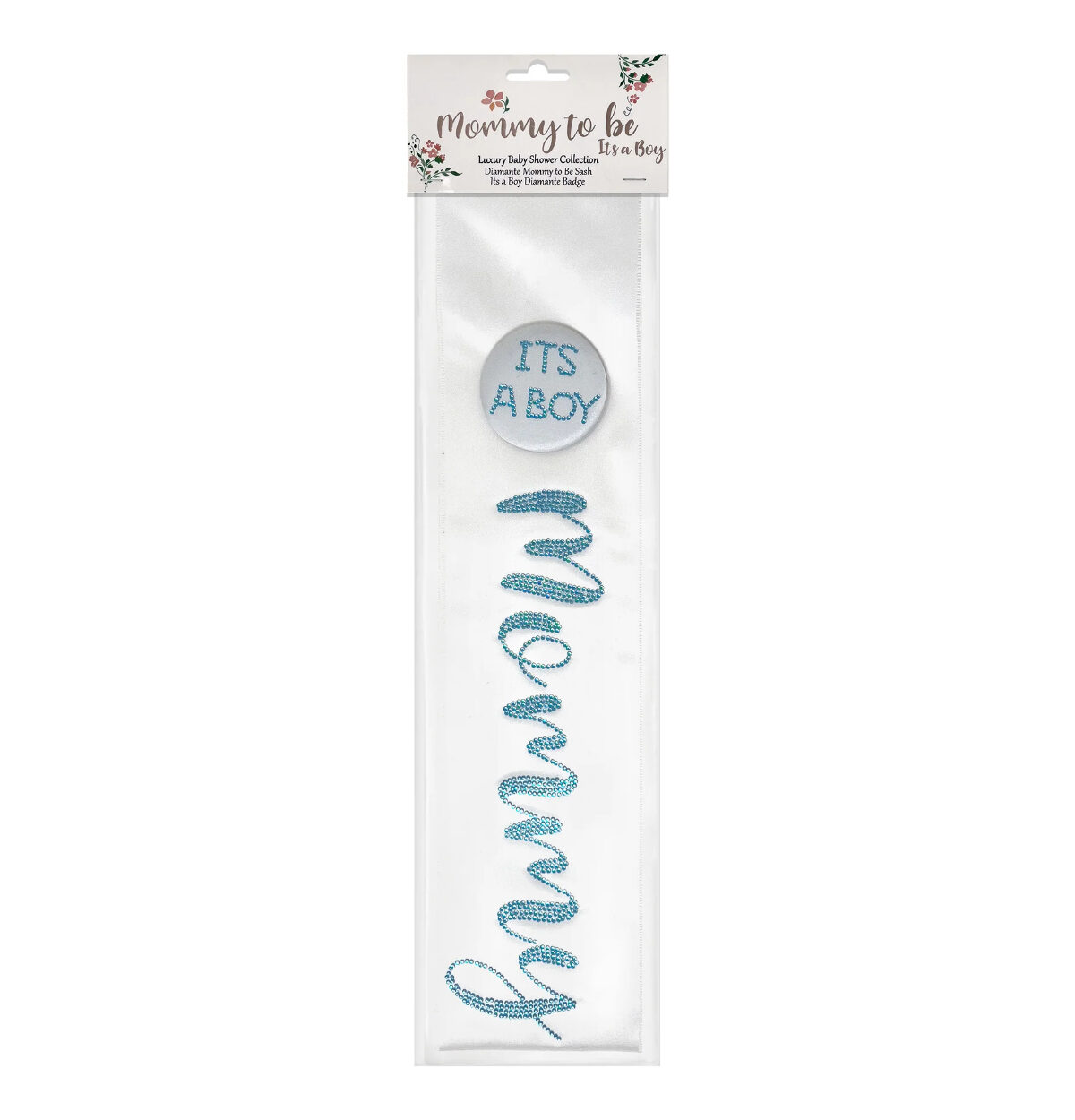 White Mommy to be Sash with Its a Boy Badge