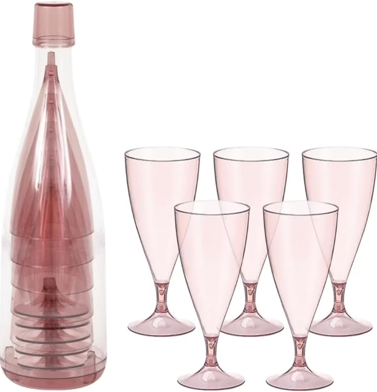 Pink & Gold Plastic Champagne Glasses in Storage Bottle  5pcs