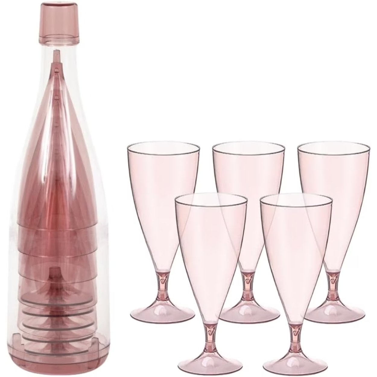 Plastic-Champagne-Glasses-Storage-Bottle-Pink-Gold-5-Count-Party-Unique-Industries-Elegant-Disposabl.jpg Pink & Gold Plastic Champagne Glasses in Storage Bottle 5pcs - Image 1