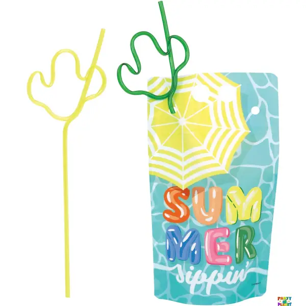 "Summer Sippin" 18oz Drink Pouches with Cactus Shaped Straws 4ct.