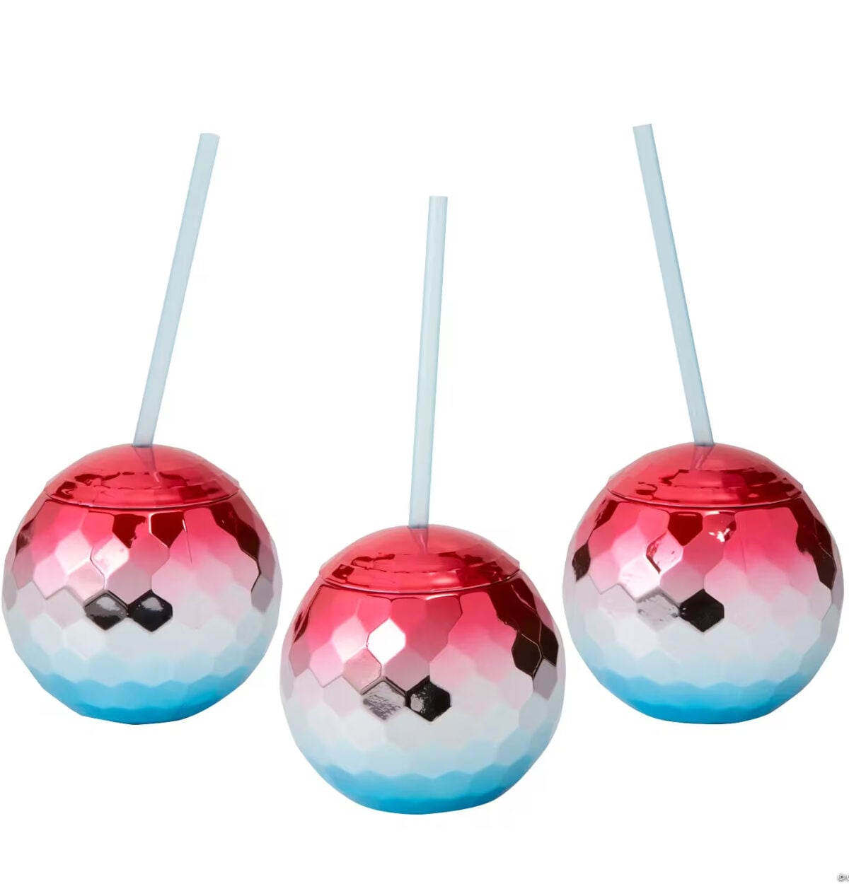 Red White & Silver Ombre Disco Ball Shaped 19.5oz Reusable Plastic Cup with Straw 1ct.