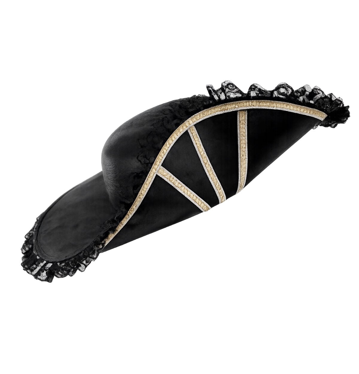 Faux Suede Pirate Hat Bi-corner Gold/White Trim/Lace