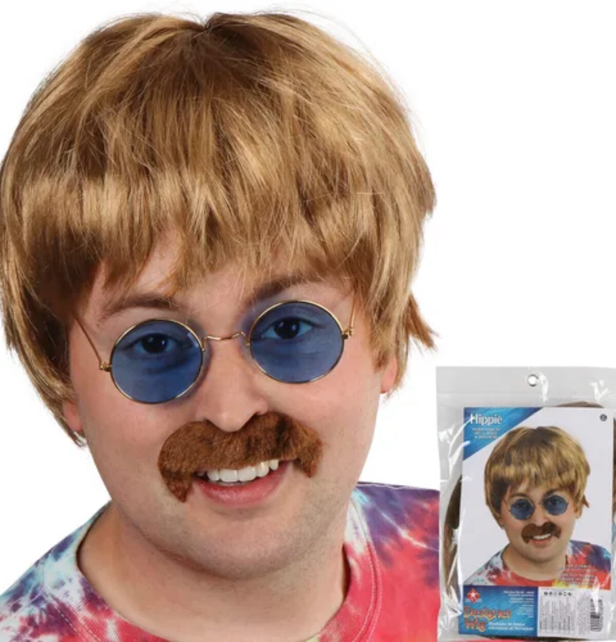 MEDIUM LENGTH HIPPIE WIG WITH GLASSES AND MUSTACHE
