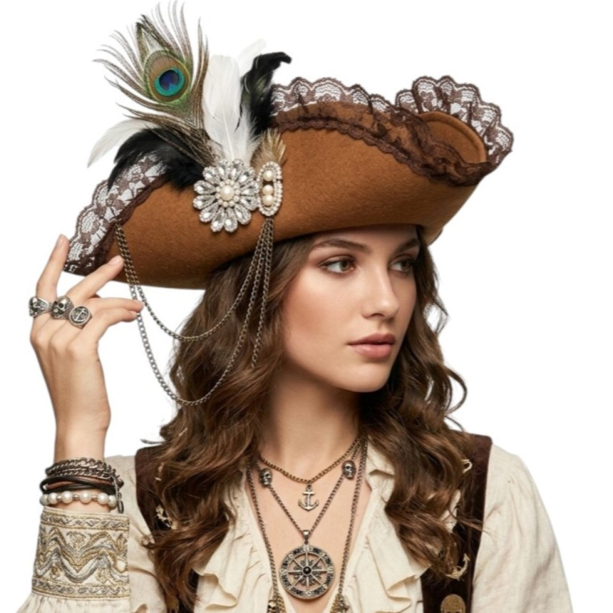 HAT036BR-1100x1100-2.jpg Brown Feather Pirate Hat - Image 1