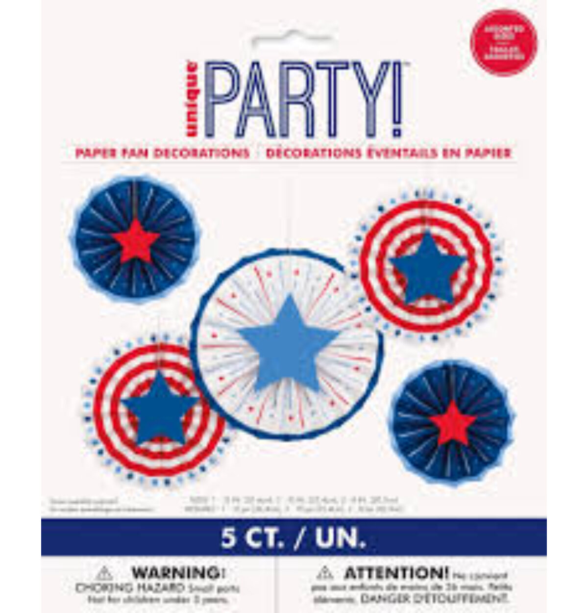 Patriotic USA Assorted Paper Fan Decorations with Die cut Stars 5ct.