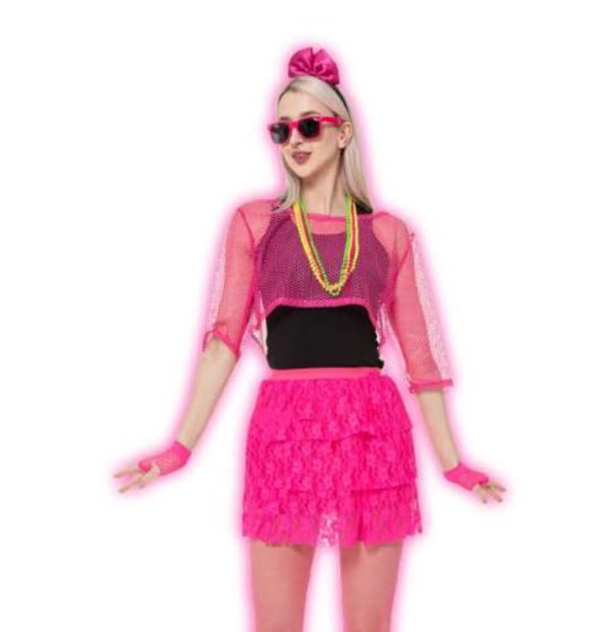 80s Pink Neon Accessory Kit (Headband, Sunglasses, Necklaces, T-shirt, Gloves, Lace Tutu Skirt, Tights)